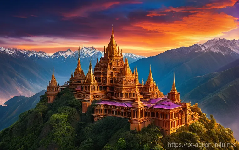 액션 어드벤쳐 게임의 그래픽 진화 - A breathtaking panoramic view of an ancient, sprawling city carved into a mountainside, at the peak ...