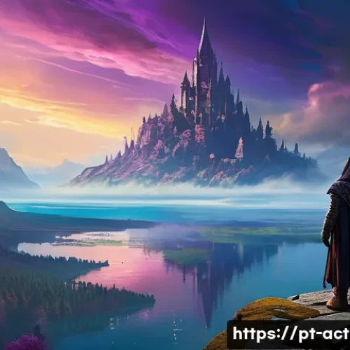 Home 15 액션 어드벤쳐 장르의 특징 - **Prompt 1: Epic Discovery in a Vast Open World**
"A lone adventurer, depicted from a slight hig...