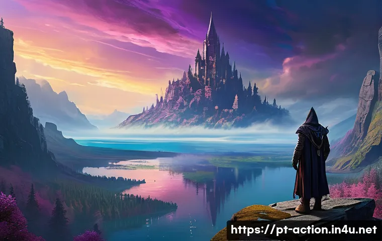 액션 어드벤쳐 장르의 특징 - **Prompt 1: Epic Discovery in a Vast Open World**
"A lone adventurer, depicted from a slight hig...